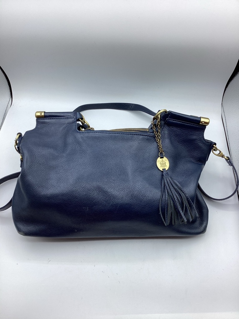 Crown Vintage Dark Blue Leather Satchel Crossbody Handbag